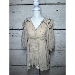 Zara Size Small Boho Floral Embroidered Collar Tassel Tunic Blouse Cream